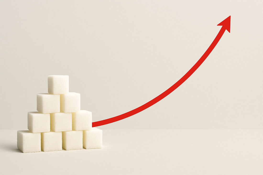 Sugar cubes with a red upward curve illustrating a blood sugar spike.