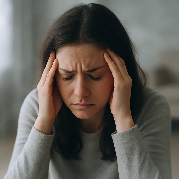 Woman holding her head in discomfort, showing fatigue and difficulty concentrating often linked to fluctuating blood sugar levels.