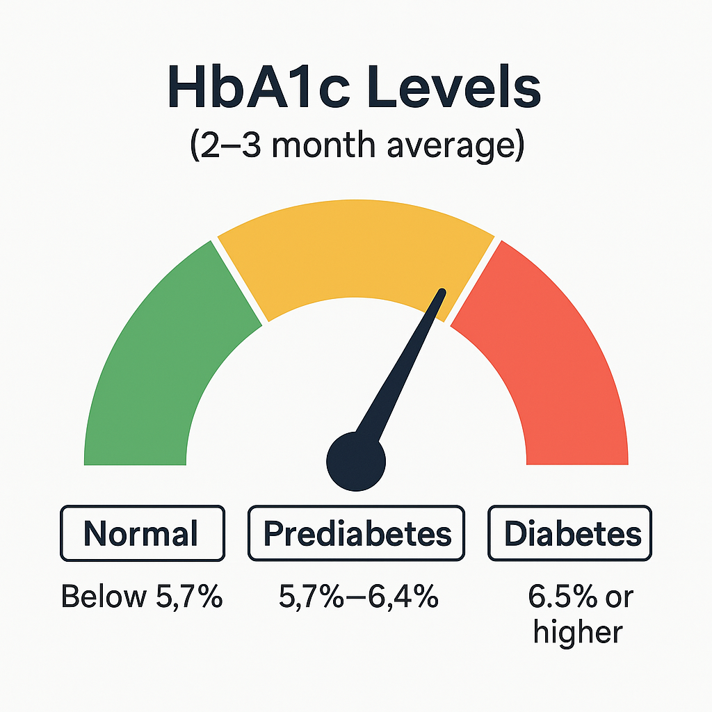 HbA1c levels chart showing Normal (<5.7%), Prediabetes (5.7–6.4%), and Diabetes (≥6.5%) ranges.